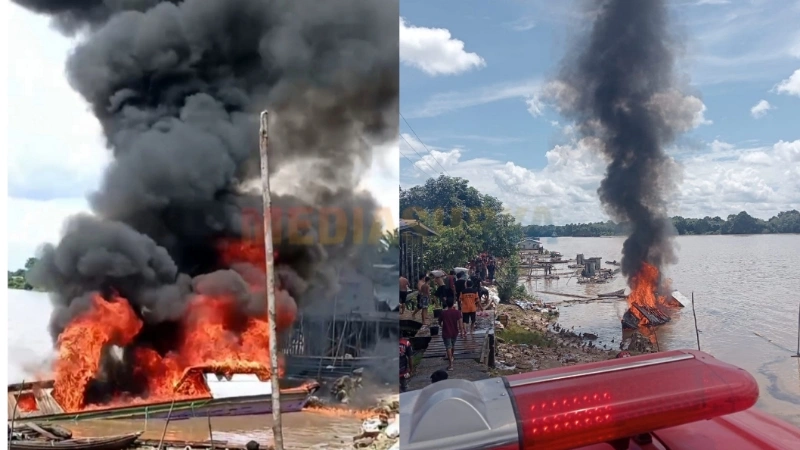 Kapal dagang terbakar hebat di dermaga Pasar Jelapat, Buntok (foto: MediaSurya/warga setempat)