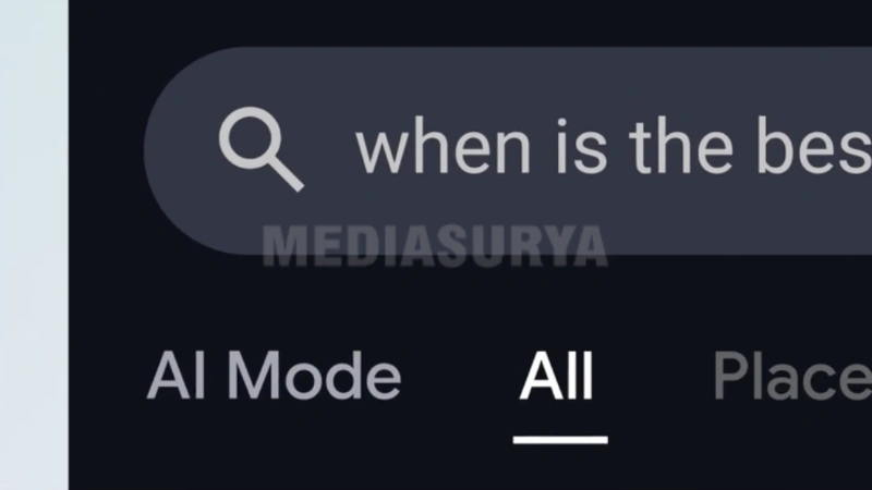 Gambar ini menggambarkan tampilan interaksi pengguna dengan AI Mode, di mana mereka dapat menginput pertanyaan menggunakan teks, suara, atau gambar.