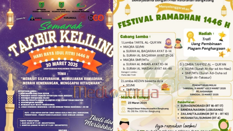 Pamflet Festival Ramadhan 1446 H di Kecamatan Karau Kuala, berisi informasi tentang lomba Tartil Al-Qur’an, Adzan, Tahfidz, dan Takbir Keliling dengan hadiah menarik.