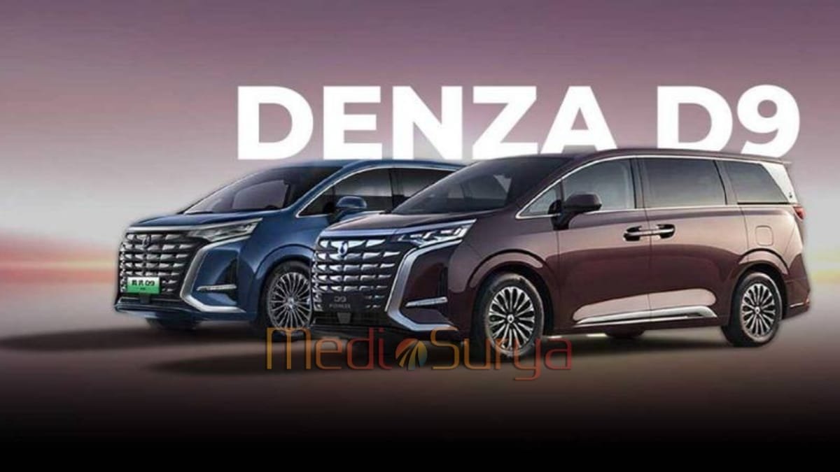 Mobil listrik Denza D9 Electric warna biru dan marun tampak dari samping depan
