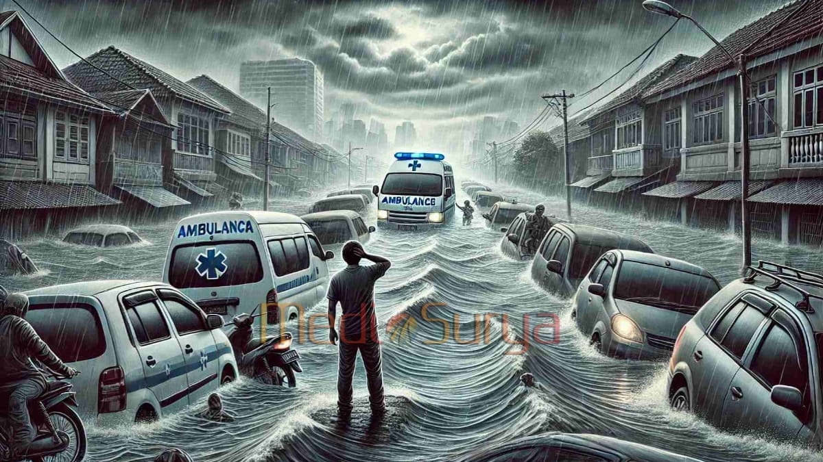 Ilustrasi suasana banjir besar yang menenggelamkan jalanan dan kendaraan, menggambarkan situasi darurat saat bencana.