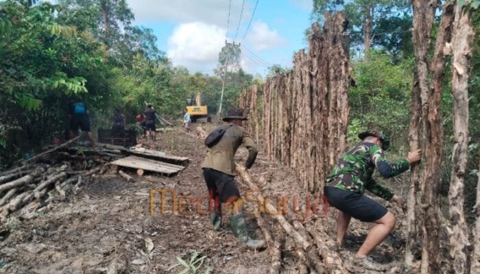 TMMD Ke-124 Kodim 1012/Buntok Pasang Cerucuk Kayu Perkuat Jalan di Lahan Gambut