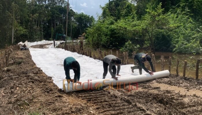 Satgas TMMD Kodim 1012/Buntok Pasang Geotekstil di Desa Talio untuk Perkuat Badan Jalan